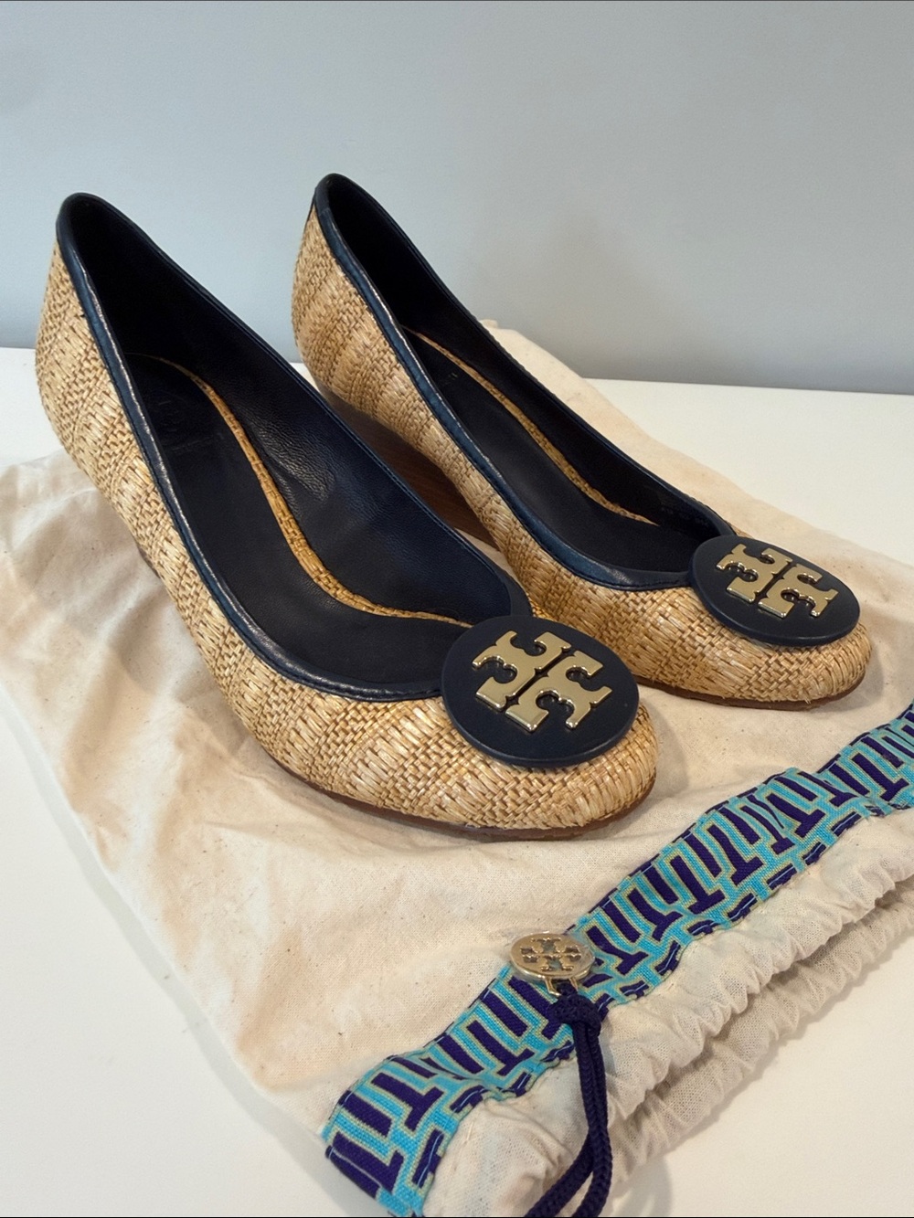 Tory Burch Natural Raffia wedge with Navy leather Trim and Gold T Logo